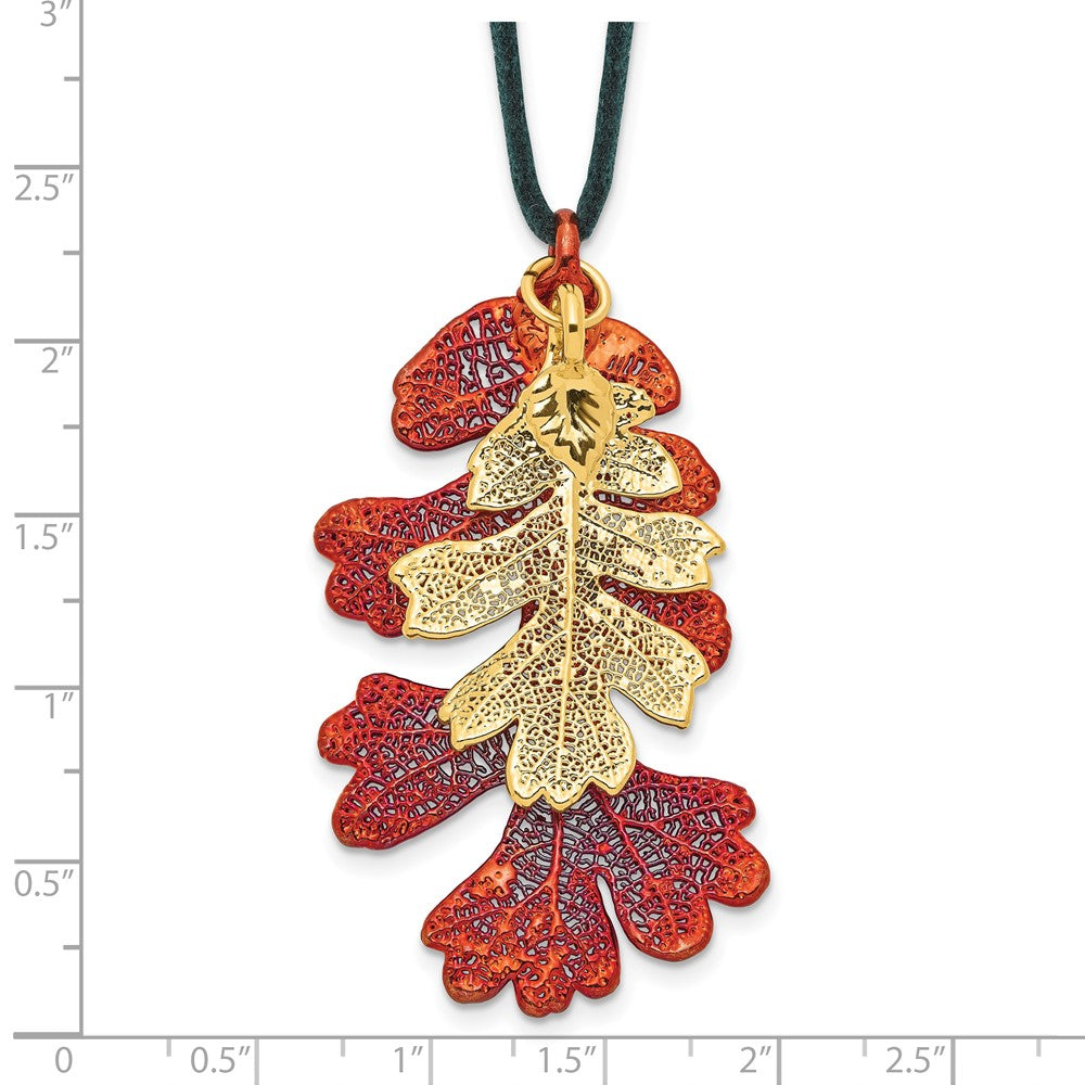 Fashion Iridescent Copper And 24K Gold Dipped Double Real Oak Leaves 20 Inch Leather Cord Necklace