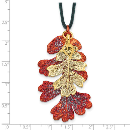 Fashion Iridescent Copper And 24K Gold Dipped Double Real Oak Leaves 20 Inch Leather Cord Necklace