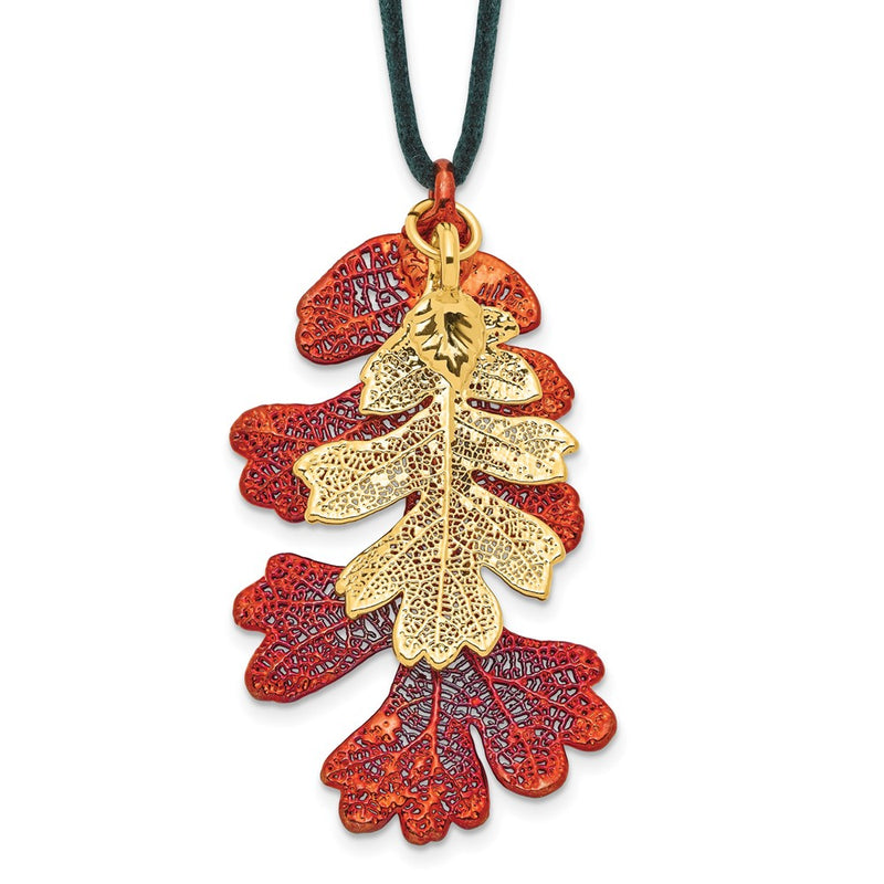 Fashion Iridescent Copper And 24K Gold Dipped Double Real Oak Leaves 20 Inch Leather Cord Necklace