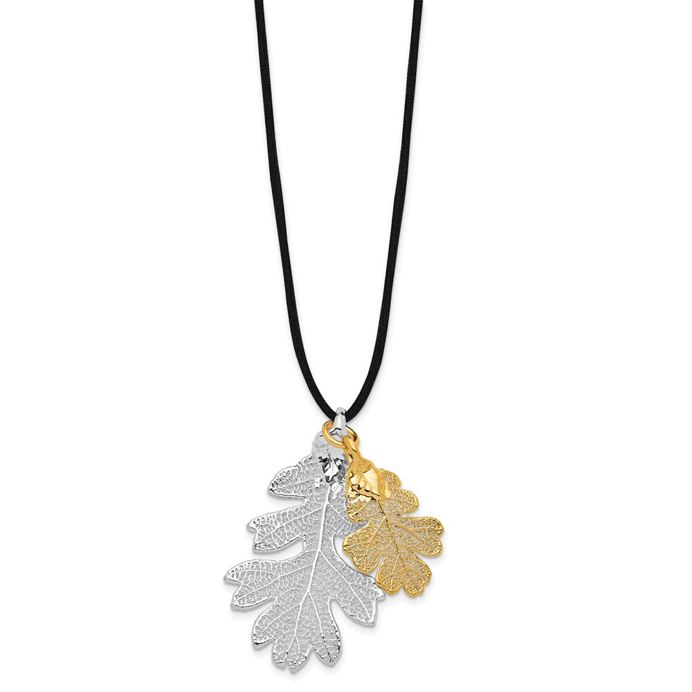 Fashion Silver And 24K Gold Dipped Double Real Oak Leaves 20 Inch Leather Cord Necklace