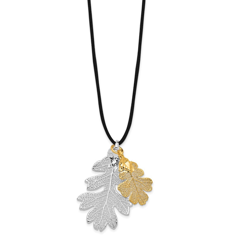 Fashion Silver And 24K Gold Dipped Double Real Oak Leaves 20 Inch Leather Cord Necklace