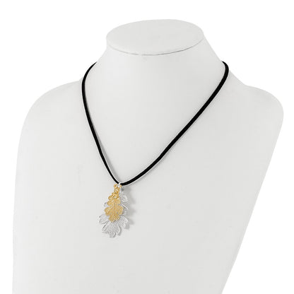 Fashion Silver And 24K Gold Dipped Double Real Oak Leaves 20 Inch Leather Cord Necklace