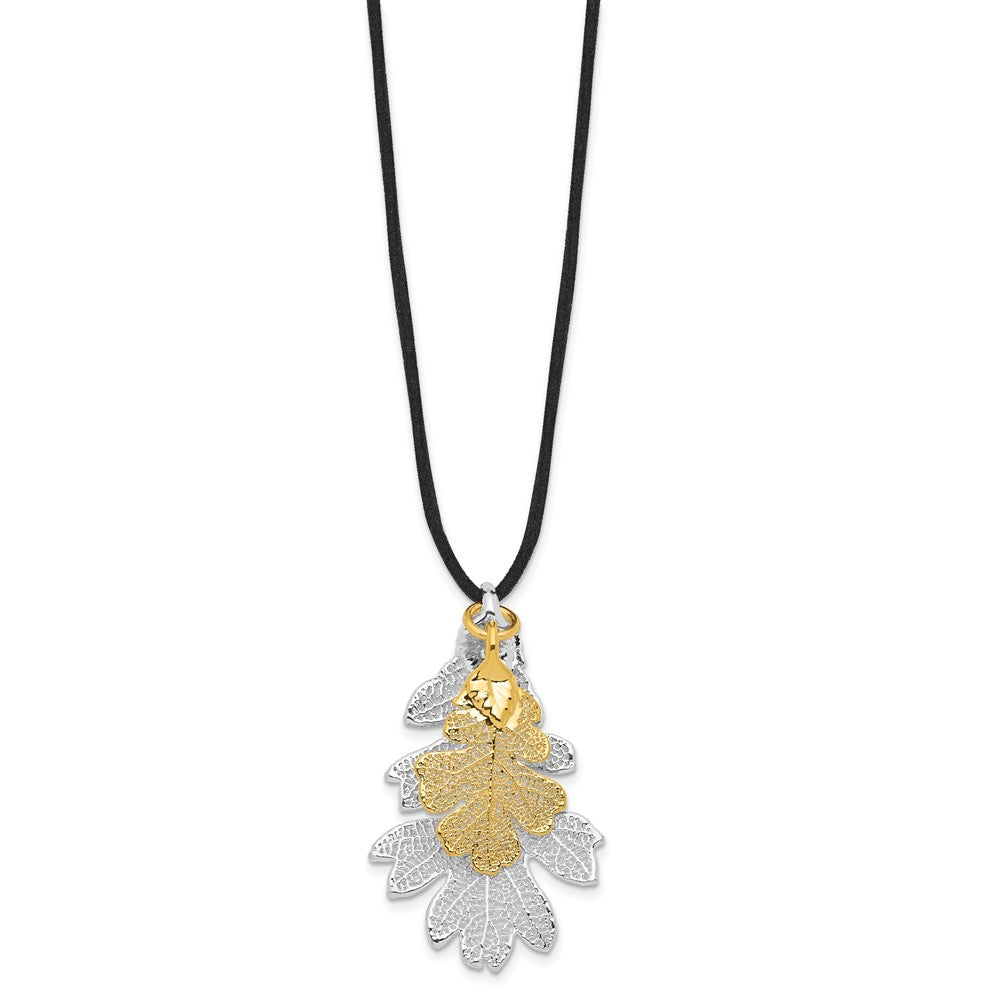 Fashion Silver And 24K Gold Dipped Double Real Oak Leaves 20 Inch Leather Cord Necklace