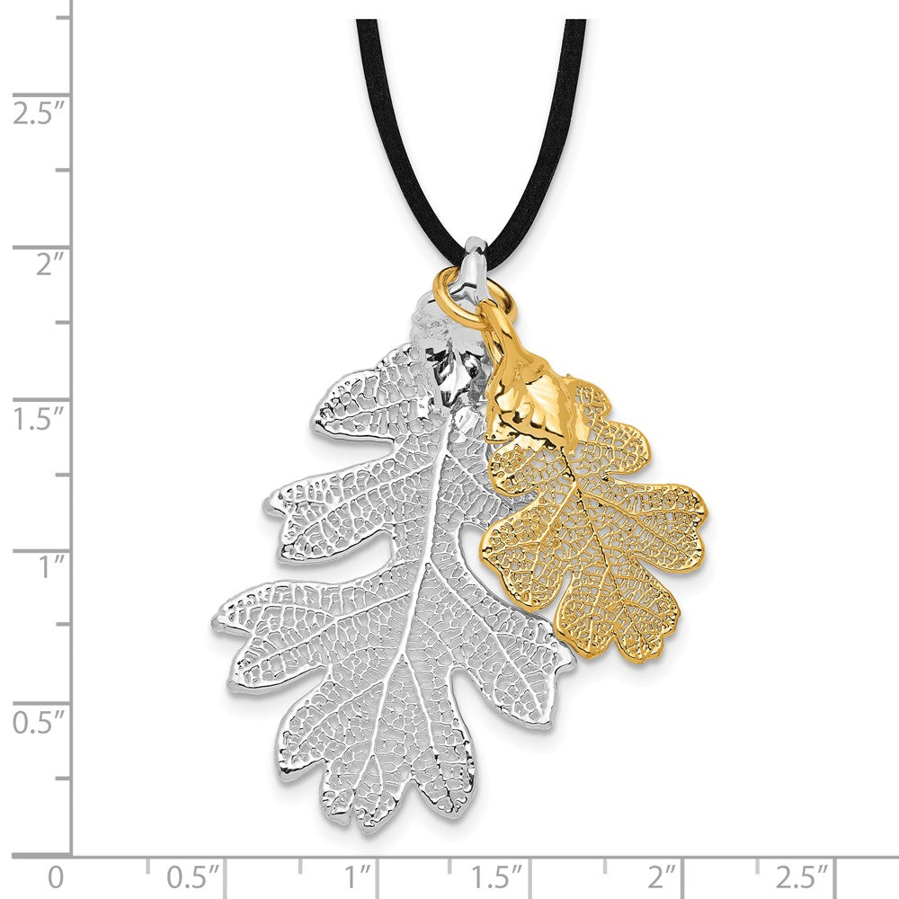 Fashion Silver And 24K Gold Dipped Double Real Oak Leaves 20 Inch Leather Cord Necklace