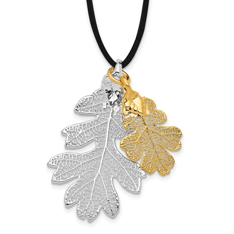 Fashion Silver And 24K Gold Dipped Double Real Oak Leaves 20 Inch Leather Cord Necklace
