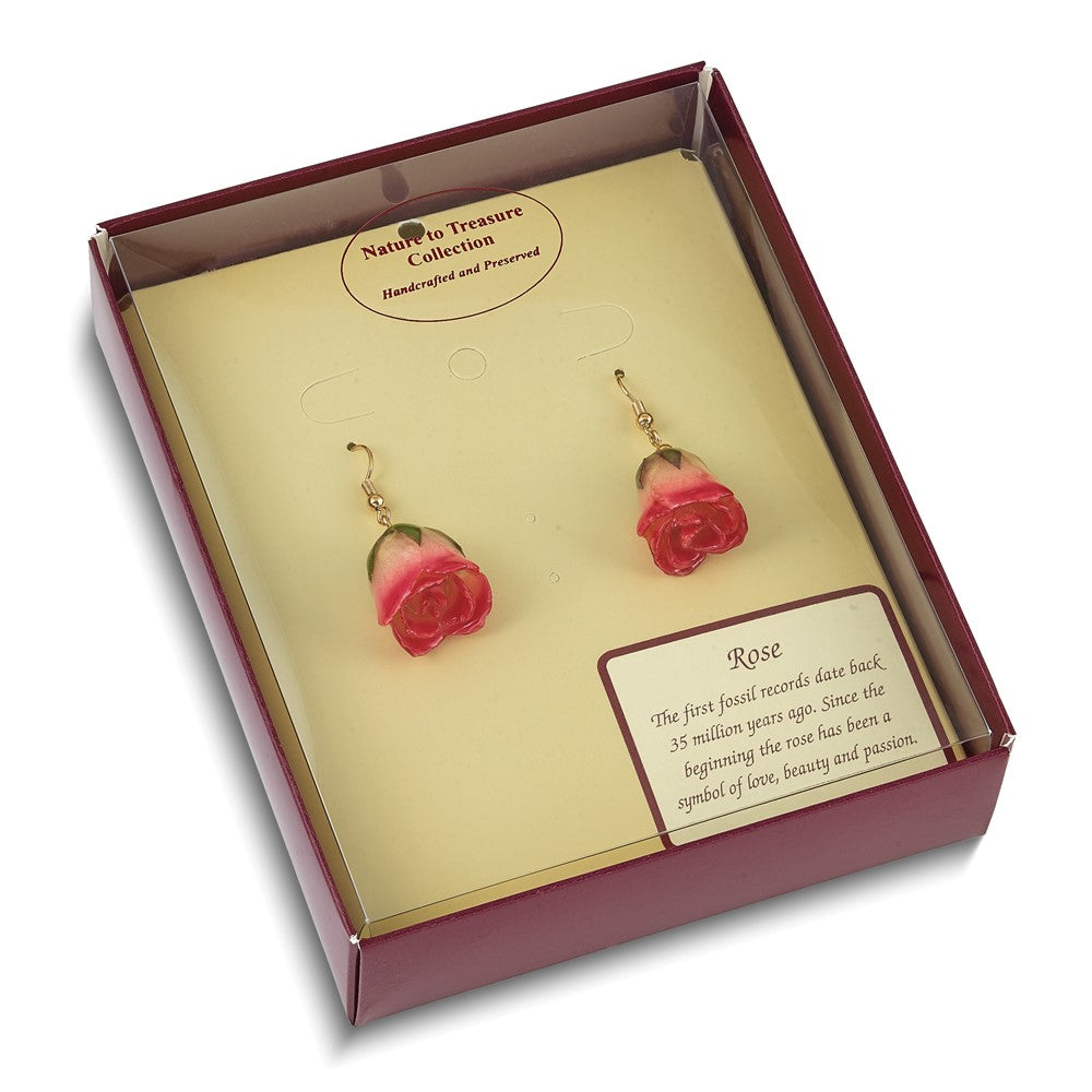 Fashion Lacquer Dipped White And Pink Real Rosebud Gold-Tone Dangle Wire Earrings
