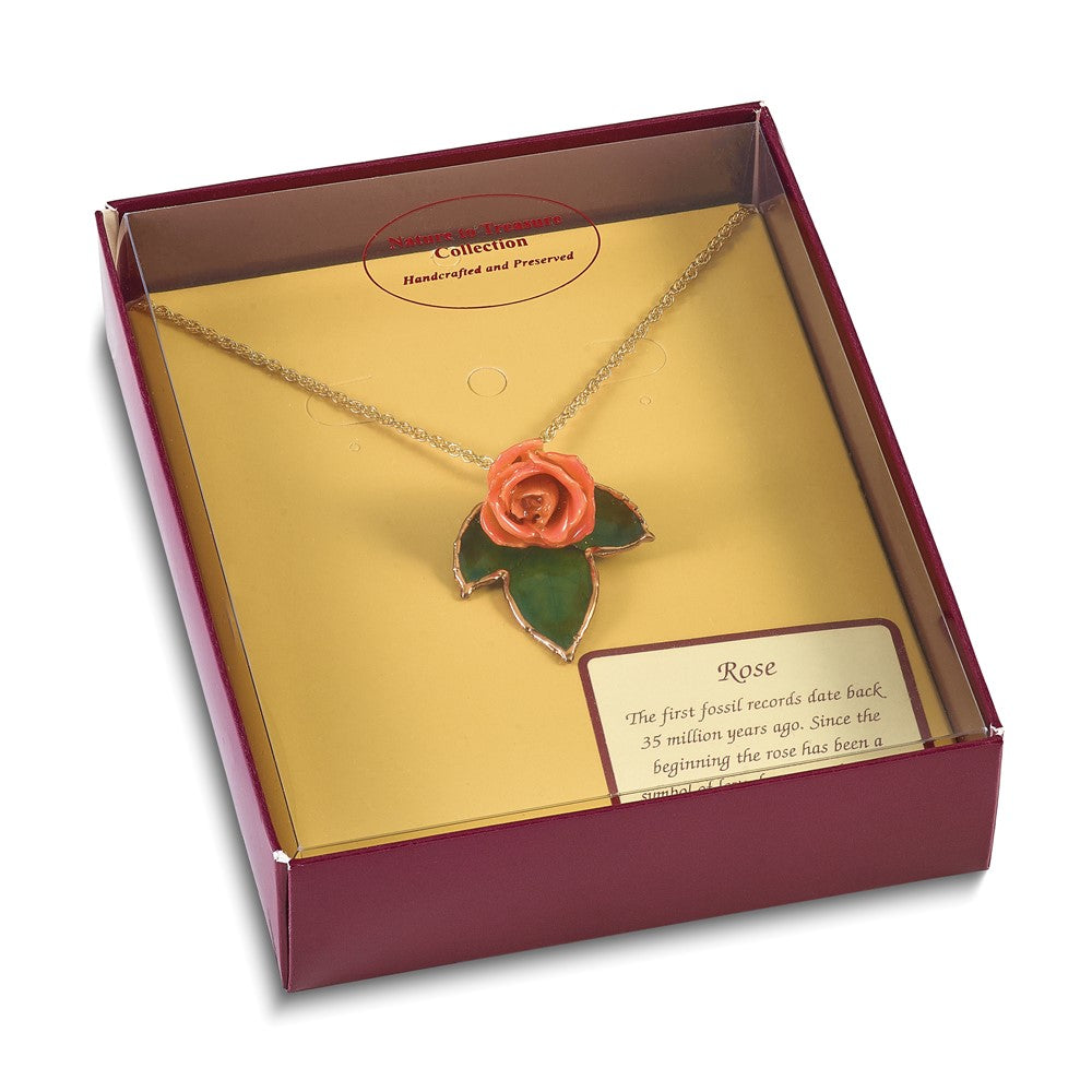 Fashion Lacquer Dipped Cream And Pink Real Rose On 24K Gold-Trim Lacquered Leaf 20 Inch Gold-Tone Necklace