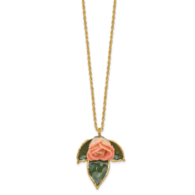 Fashion Lacquer Dipped Cream And Pink Real Rose On 24K Gold-Trim Lacquered Leaf 20 Inch Gold-Tone Necklace
