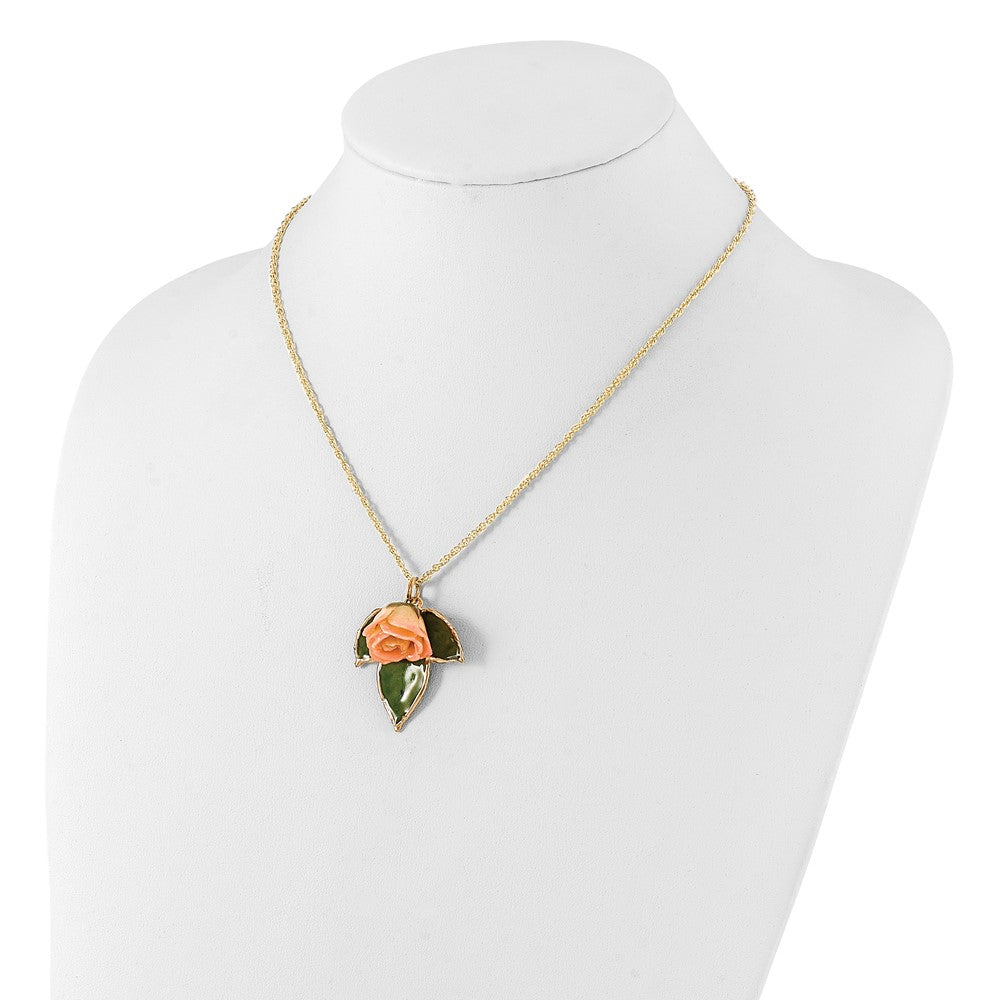 Fashion Lacquer Dipped Cream And Pink Real Rose On 24K Gold-Trim Lacquered Leaf 20 Inch Gold-Tone Necklace