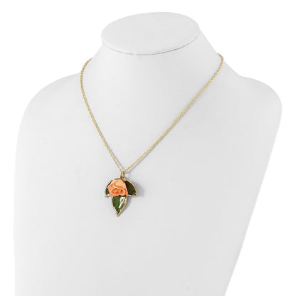 Fashion Lacquer Dipped Cream And Pink Real Rose On 24K Gold-Trim Lacquered Leaf 20 Inch Gold-Tone Necklace