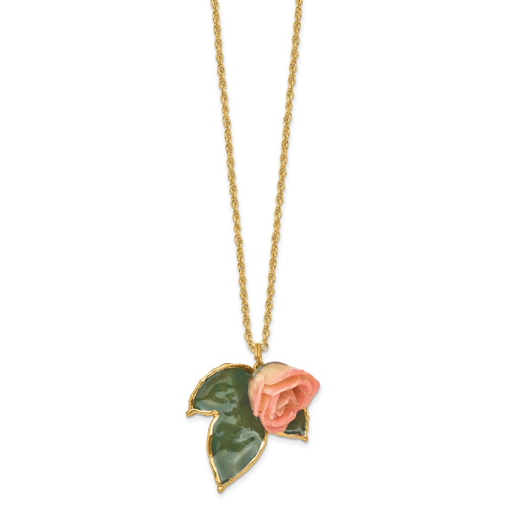Fashion Lacquer Dipped Cream And Pink Real Rose On 24K Gold-Trim Lacquered Leaf 20 Inch Gold-Tone Necklace