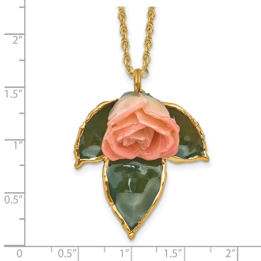 Fashion Lacquer Dipped Cream And Pink Real Rose On 24K Gold-Trim Lacquered Leaf 20 Inch Gold-Tone Necklace