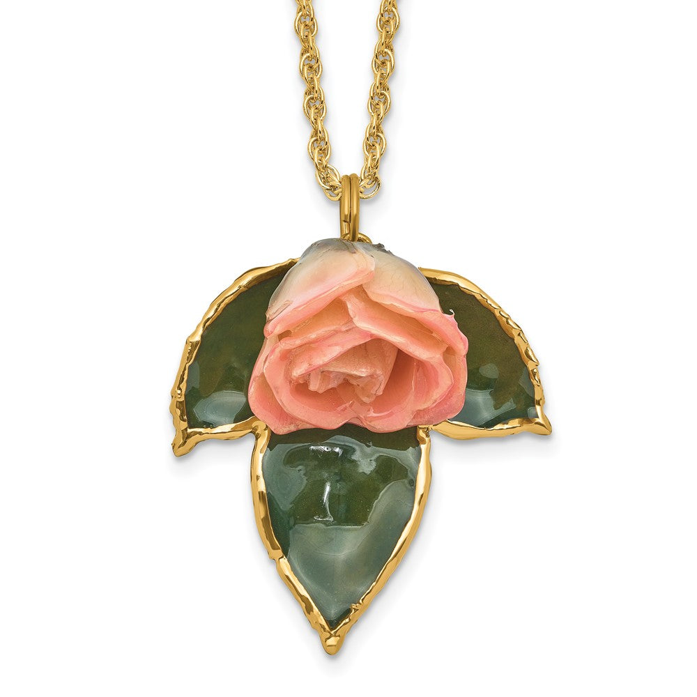 Fashion Lacquer Dipped Cream And Pink Real Rose On 24K Gold-Trim Lacquered Leaf 20 Inch Gold-Tone Necklace