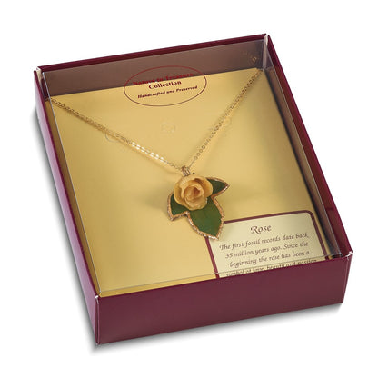Fashion Lacquer Dipped White Real Rose On 24K Gold-Trim Leaf 20 Inch Gold-Tone Necklace