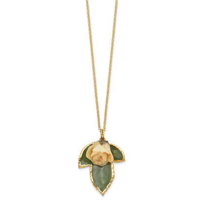 Fashion Lacquer Dipped White Real Rose On 24K Gold-Trim Leaf 20 Inch Gold-Tone Necklace