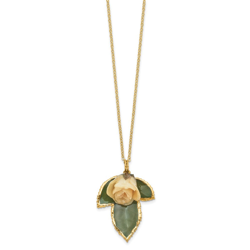 Fashion Lacquer Dipped White Real Rose On 24K Gold-Trim Leaf 20 Inch Gold-Tone Necklace