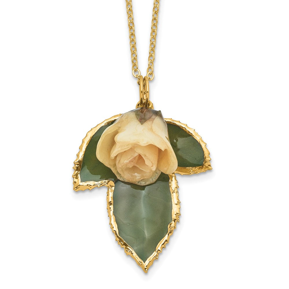 Fashion Lacquer Dipped White Real Rose On 24K Gold-Trim Leaf 20 Inch Gold-Tone Necklace