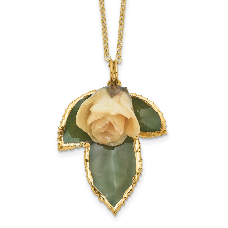 Fashion Lacquer Dipped White Real Rose On 24K Gold-Trim Leaf 20 Inch Gold-Tone Necklace