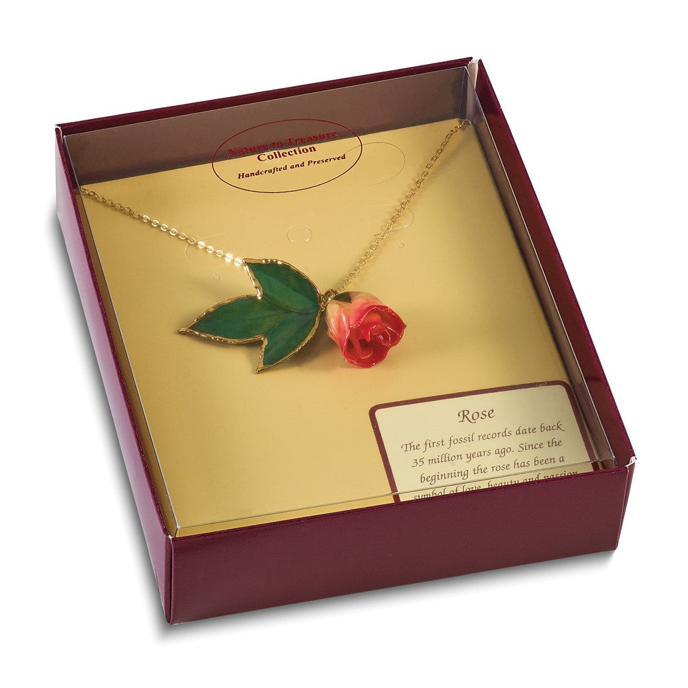 Fashion Lacquer Dipped White And Pink Real Rosebud On 24K Gold-Trim Lacquered Leaf 20 Inch Gold-Tone Necklace