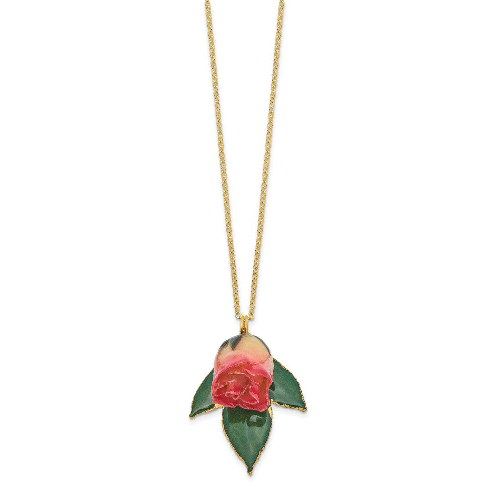Fashion Lacquer Dipped White And Pink Real Rosebud On 24K Gold-Trim Lacquered Leaf 20 Inch Gold-Tone Necklace