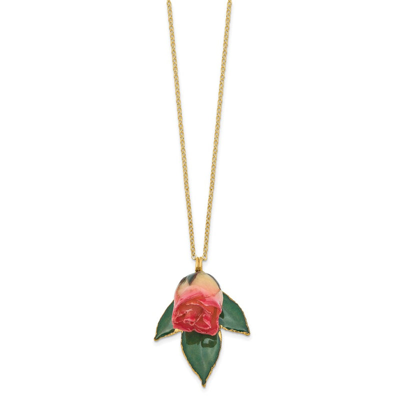 Fashion Lacquer Dipped White And Pink Real Rosebud On 24K Gold-Trim Lacquered Leaf 20 Inch Gold-Tone Necklace