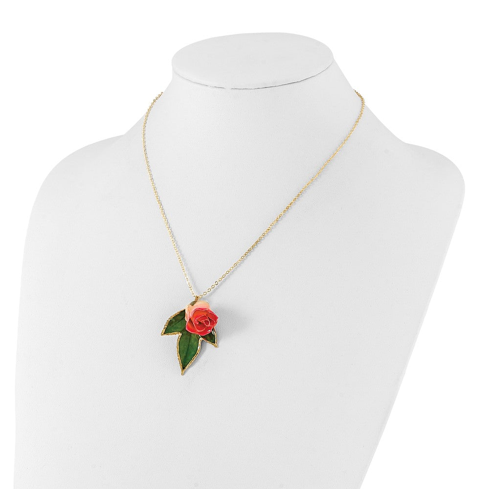 Fashion Lacquer Dipped White And Pink Real Rosebud On 24K Gold-Trim Lacquered Leaf 20 Inch Gold-Tone Necklace