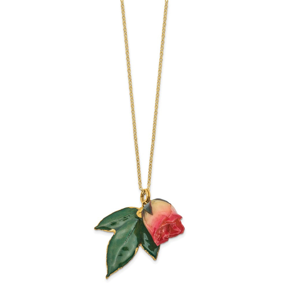 Fashion Lacquer Dipped White And Pink Real Rosebud On 24K Gold-Trim Lacquered Leaf 20 Inch Gold-Tone Necklace