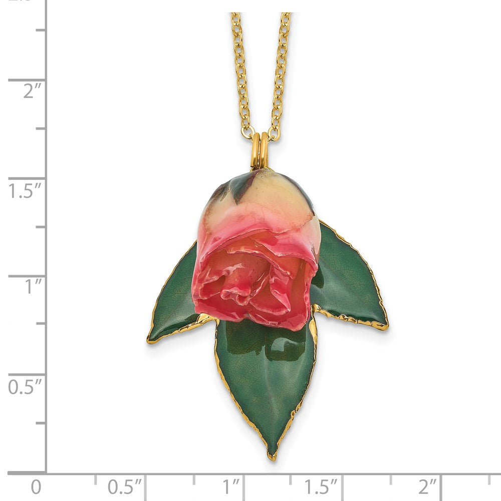 Fashion Lacquer Dipped White And Pink Real Rosebud On 24K Gold-Trim Lacquered Leaf 20 Inch Gold-Tone Necklace