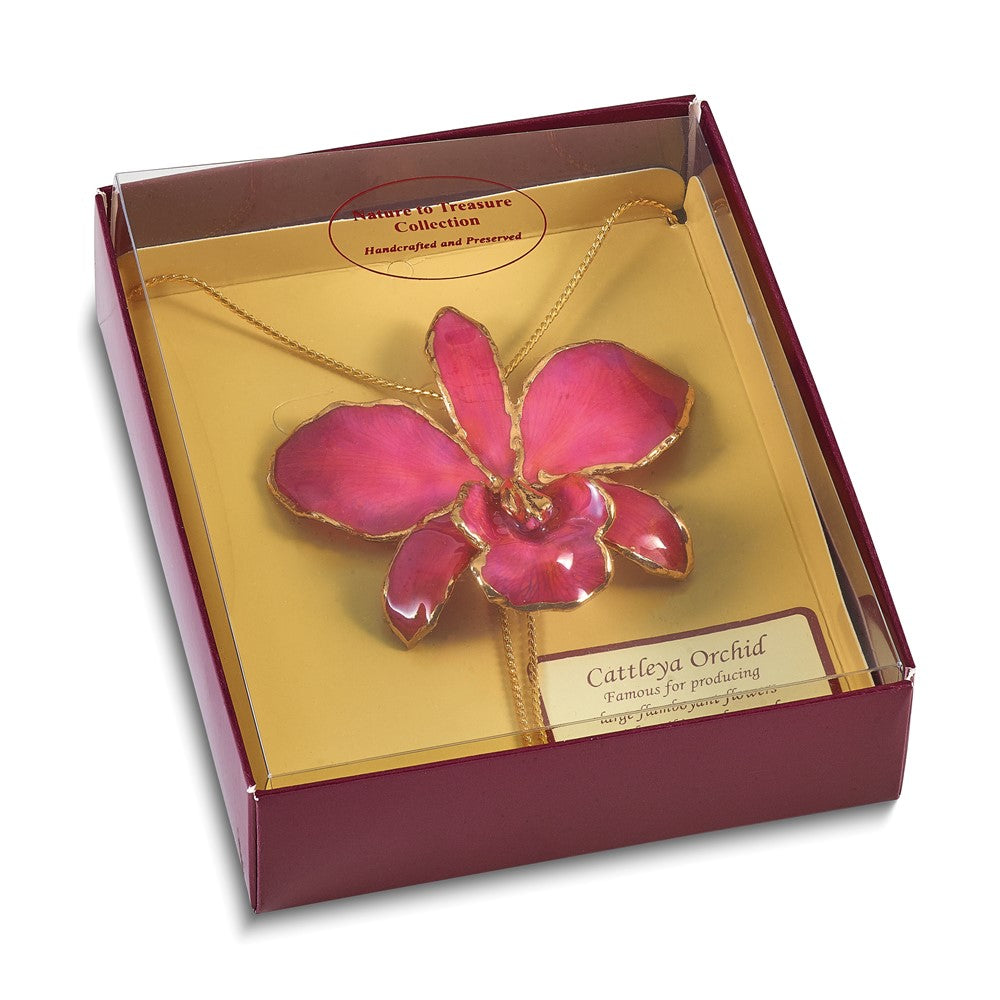 Fashion 24K Gold-Trim Lacquer Dipped Fuchsia Real Cattleya Orchid Slip-On Adjustable Gold-Tone Necklace