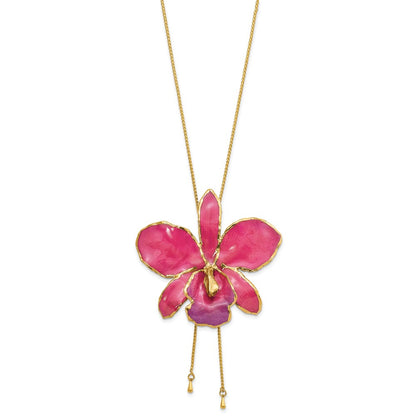 Fashion 24K Gold-Trim Lacquer Dipped Fuchsia Real Cattleya Orchid Slip-On Adjustable Gold-Tone Necklace