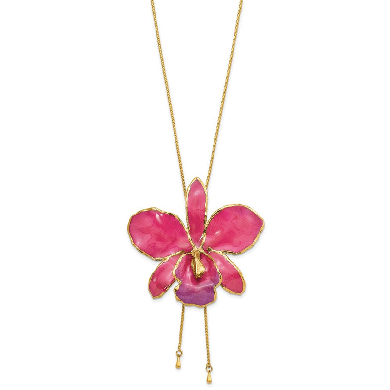 Fashion 24K Gold-Trim Lacquer Dipped Fuchsia Real Cattleya Orchid Slip-On Adjustable Gold-Tone Necklace