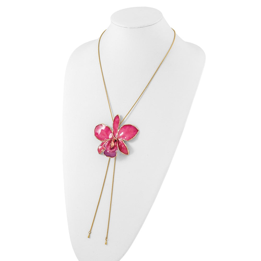 Fashion 24K Gold-Trim Lacquer Dipped Fuchsia Real Cattleya Orchid Slip-On Adjustable Gold-Tone Necklace
