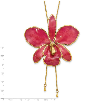Fashion 24K Gold-Trim Lacquer Dipped Fuchsia Real Cattleya Orchid Slip-On Adjustable Gold-Tone Necklace