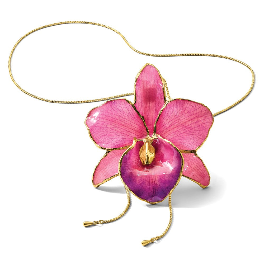 Fashion 24K Gold-Trim Lacquer Dipped Fuchsia Real Cattleya Orchid Slip-On Adjustable Gold-Tone Necklace