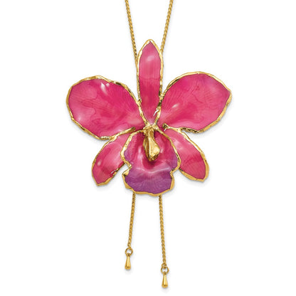 Fashion 24K Gold-Trim Lacquer Dipped Fuchsia Real Cattleya Orchid Slip-On Adjustable Gold-Tone Necklace