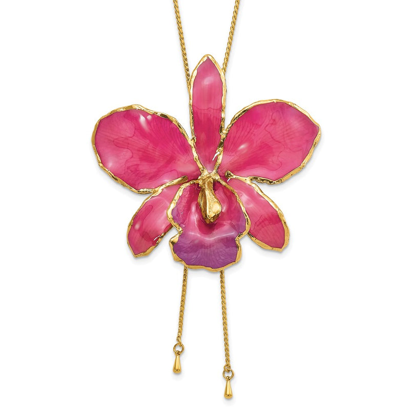 Fashion 24K Gold-Trim Lacquer Dipped Fuchsia Real Cattleya Orchid Slip-On Adjustable Gold-Tone Necklace