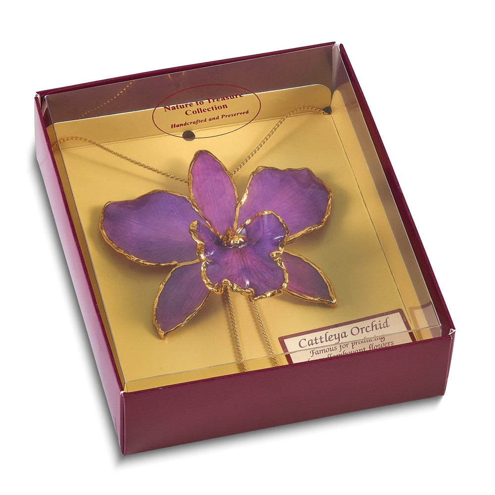 Fashion 24K Gold-Trim Lacquer Dipped Purple Real Cattleya Orchid Slip-On Adjustable Gold-Tone Necklace