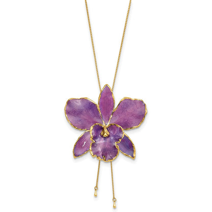 Fashion 24K Gold-Trim Lacquer Dipped Purple Real Cattleya Orchid Slip-On Adjustable Gold-Tone Necklace
