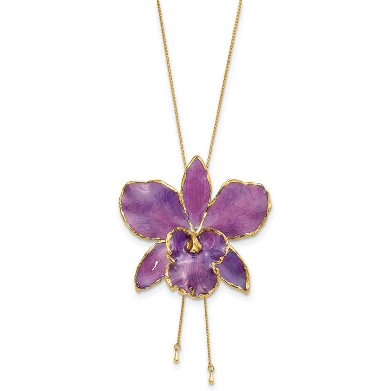 Fashion 24K Gold-Trim Lacquer Dipped Purple Real Cattleya Orchid Slip-On Adjustable Gold-Tone Necklace