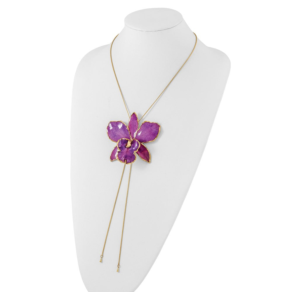 Fashion 24K Gold-Trim Lacquer Dipped Purple Real Cattleya Orchid Slip-On Adjustable Gold-Tone Necklace