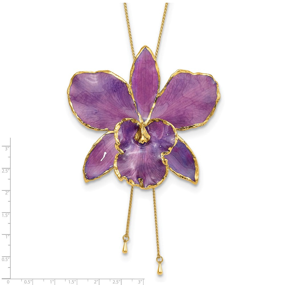 Fashion 24K Gold-Trim Lacquer Dipped Purple Real Cattleya Orchid Slip-On Adjustable Gold-Tone Necklace