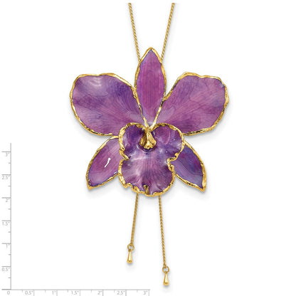 Fashion 24K Gold-Trim Lacquer Dipped Purple Real Cattleya Orchid Slip-On Adjustable Gold-Tone Necklace
