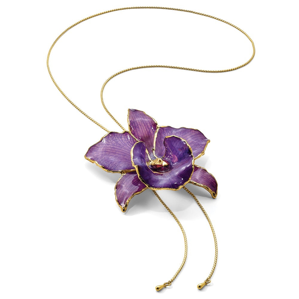 Fashion 24K Gold-Trim Lacquer Dipped Purple Real Cattleya Orchid Slip-On Adjustable Gold-Tone Necklace