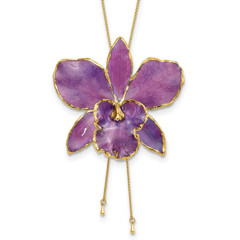 Fashion 24K Gold-Trim Lacquer Dipped Purple Real Cattleya Orchid Slip-On Adjustable Gold-Tone Necklace