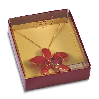 Fashion 24K Gold-Trim Lacquer Dipped Red Real Cattleya Orchid Slip-On Adjustable Gold-Tone Necklace
