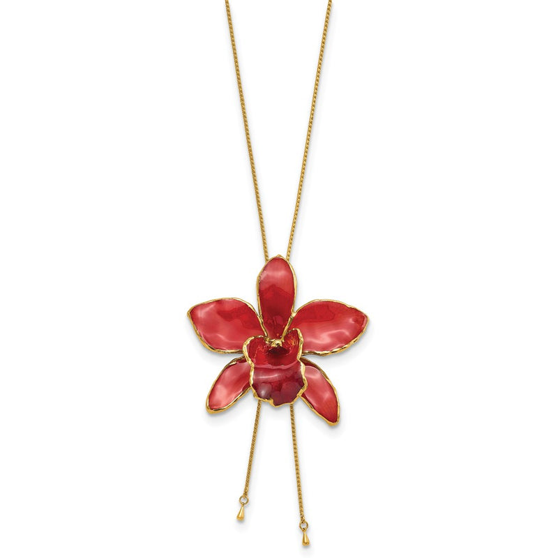 Fashion 24K Gold-Trim Lacquer Dipped Red Real Cattleya Orchid Slip-On Adjustable Gold-Tone Necklace