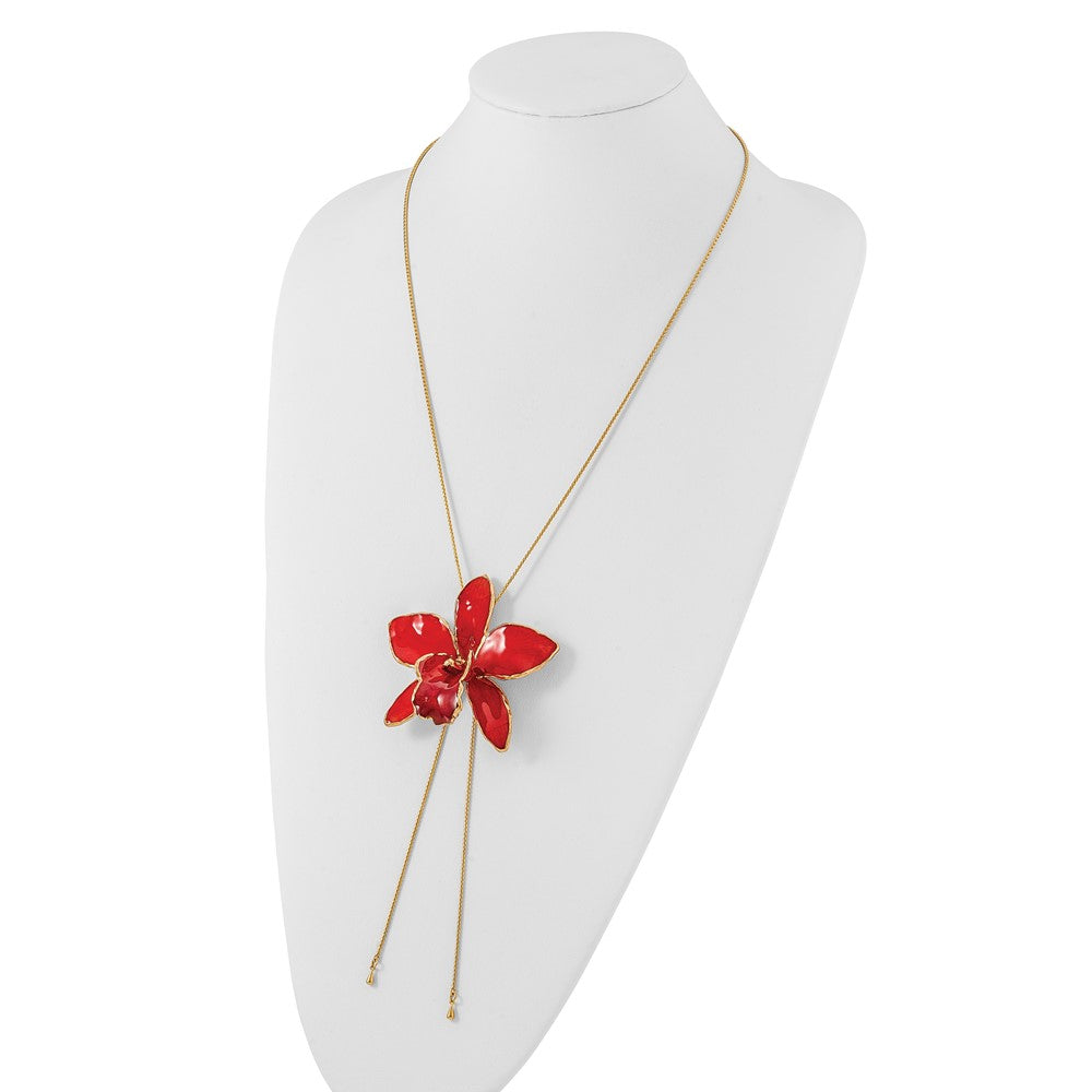 Fashion 24K Gold-Trim Lacquer Dipped Red Real Cattleya Orchid Slip-On Adjustable Gold-Tone Necklace