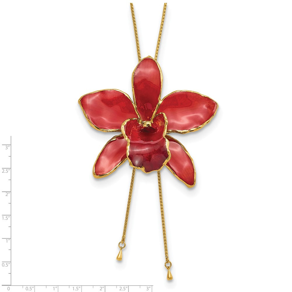 Fashion 24K Gold-Trim Lacquer Dipped Red Real Cattleya Orchid Slip-On Adjustable Gold-Tone Necklace