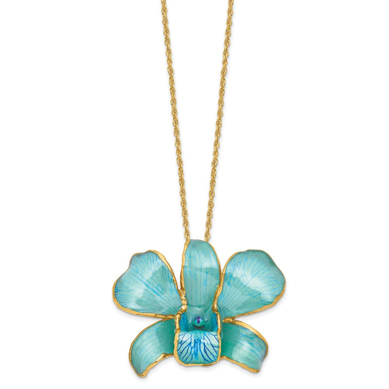 Fashion 24K Gold-Trim Lacquer Dipped Blue Real Dendrobium Orchid 20In Gold-Tone Necklace