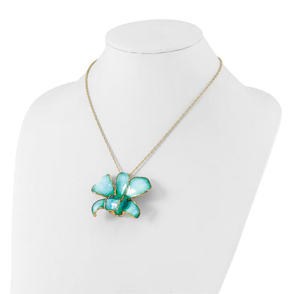 Fashion 24K Gold-Trim Lacquer Dipped Blue Real Dendrobium Orchid 20In Gold-Tone Necklace